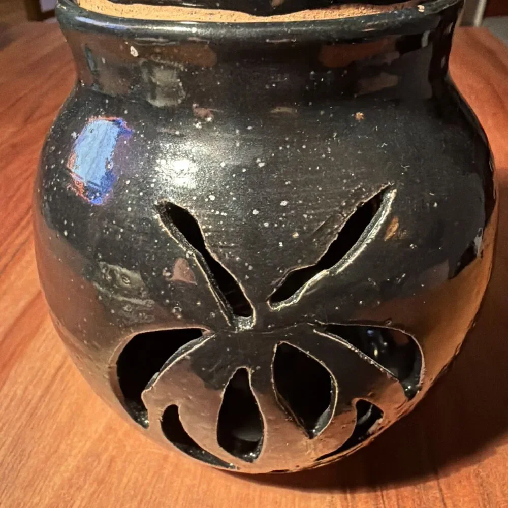 Signed Judy T Clark Turner Studio Art Pottery Lidded Jar Pierced Cutout Glaze